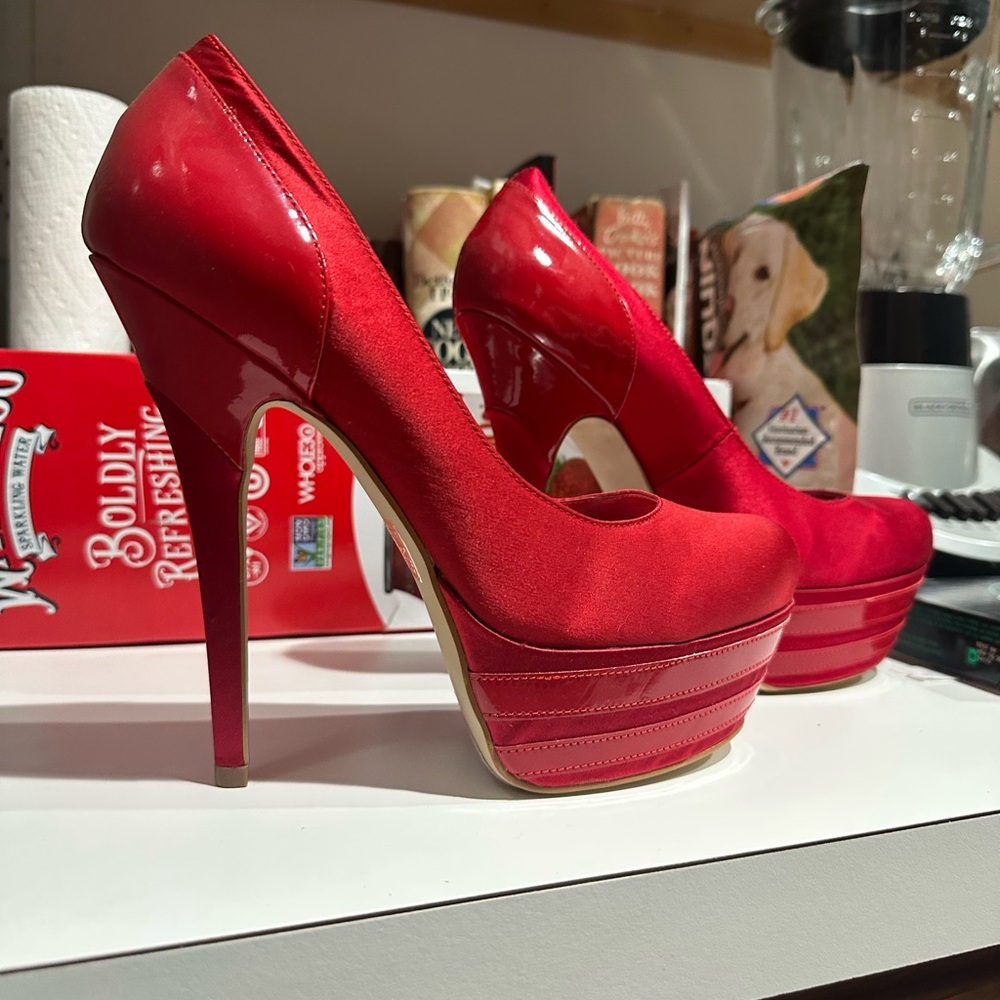 Red Satin & Patent Leather Platform Heels | 6” Stiletto Glam Pumps